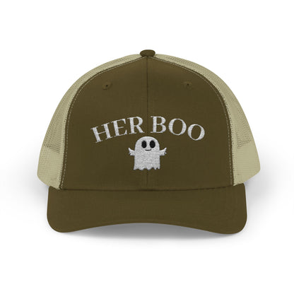 Her Boo Halloween Hat – Cute Ghost Embroidered Trucker Cap | Couples Matching Outfit – Moss / Khaki Hats for Casual Fashion (25 view)
