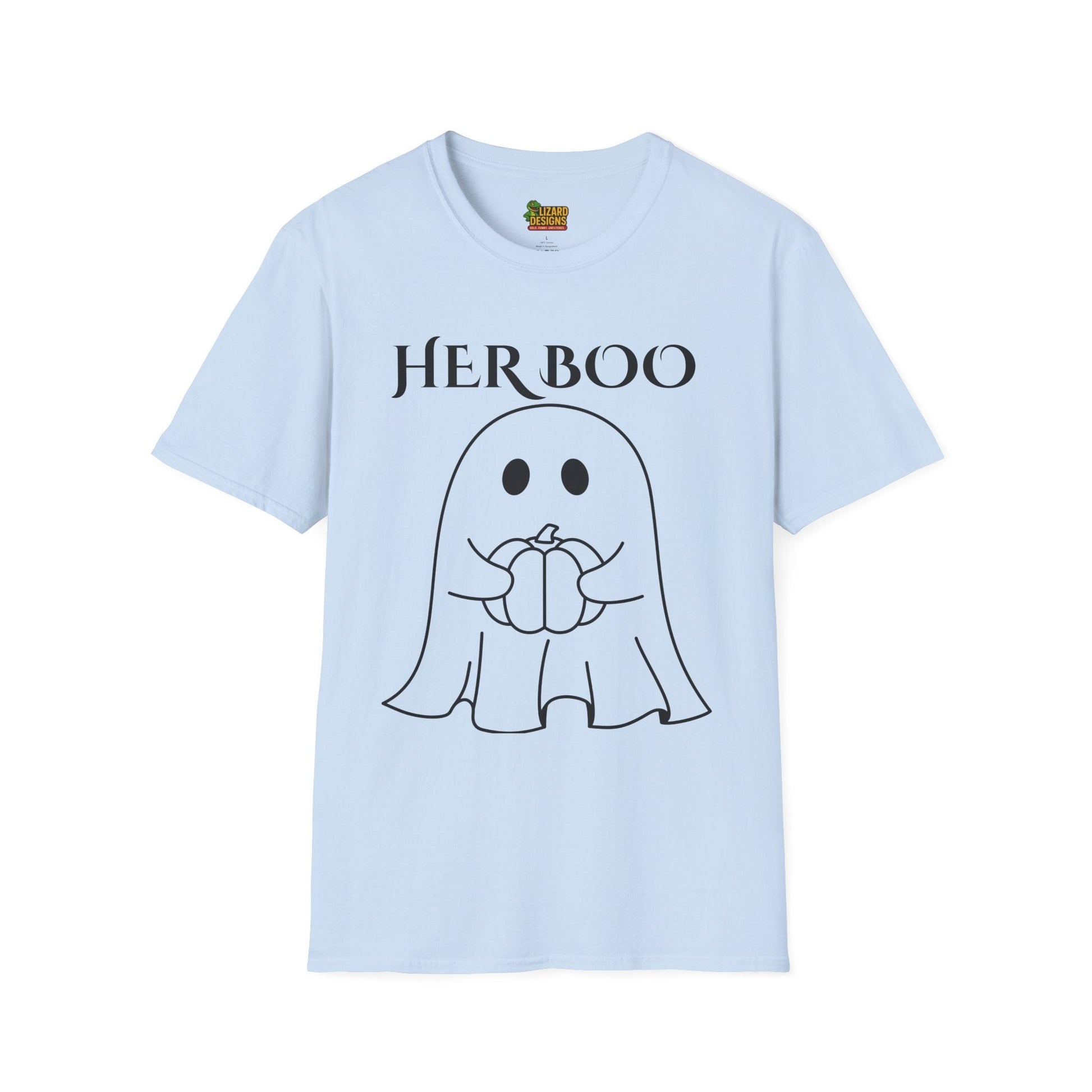Her Boo Halloween Shirt with Ghost – Matching Couples Tee | Spooky Season Apparel – Light Blue T-Shirt for Anniversary Gift (33 view)