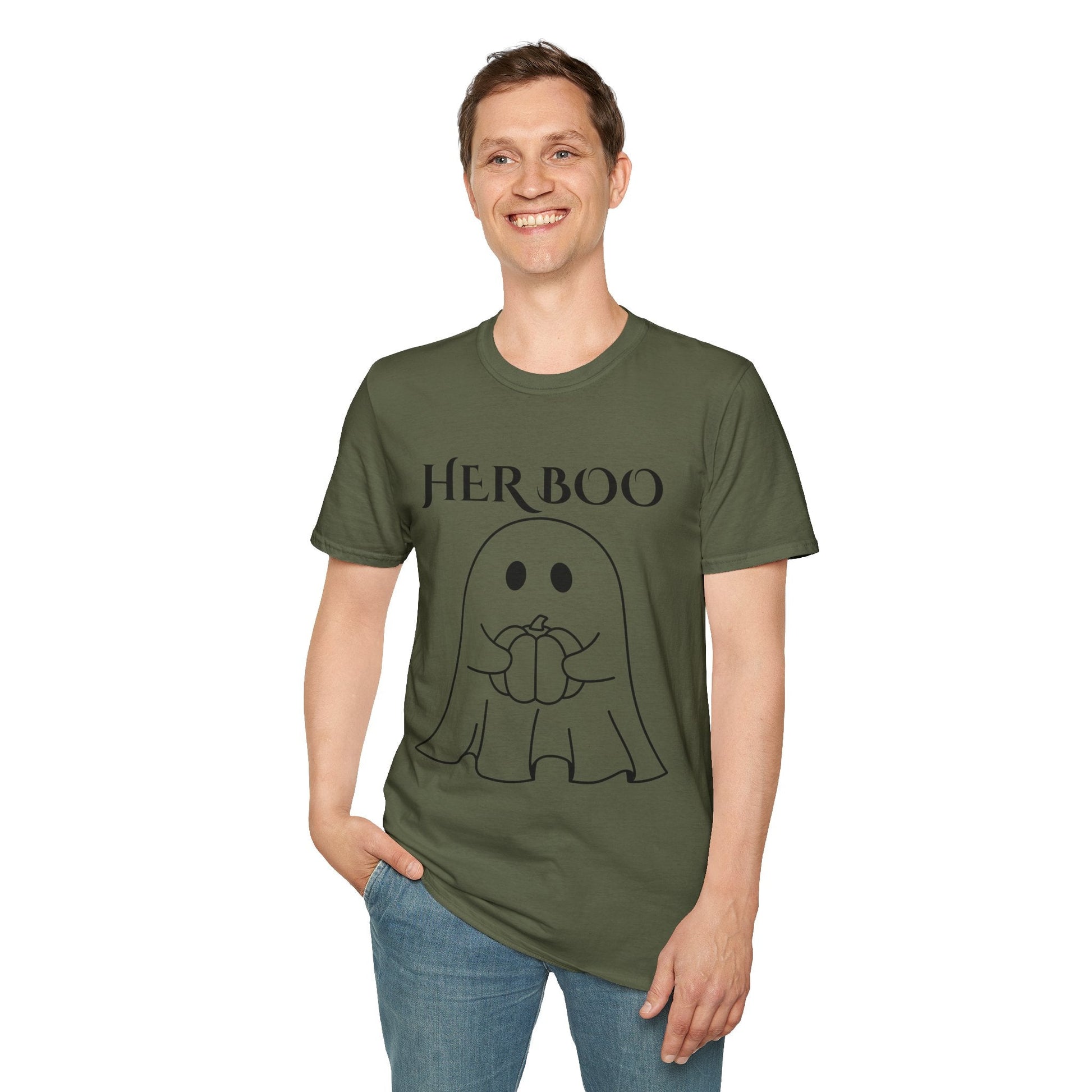 Her Boo Halloween Shirt with Ghost – Matching Couples Tee | Spooky Season Apparel – White T-Shirt for Anniversary Gift (8 view)