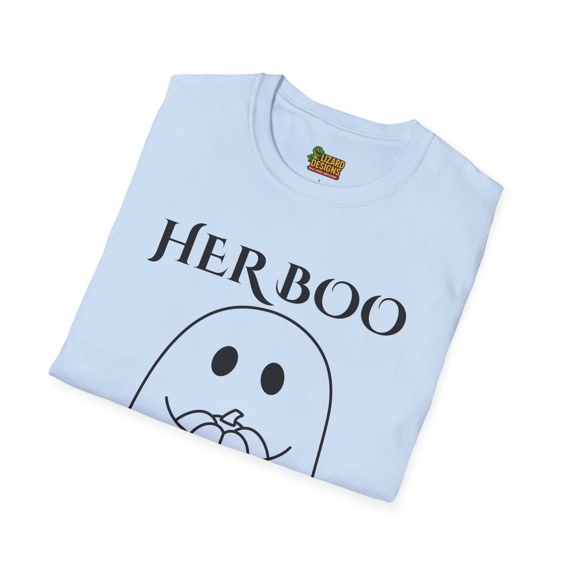 Her Boo Halloween Shirt with Ghost – Matching Couples Tee | Spooky Season Apparel – Light Blue T-Shirt for Anniversary Gift (34 view)