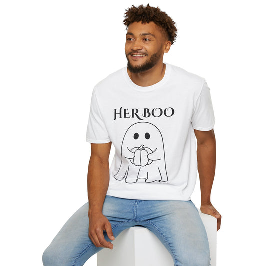 Her Boo Halloween Shirt with Ghost – Matching Couples Tee | Spooky Season Apparel – Light Blue T-Shirt for Anniversary Gift (1 view)