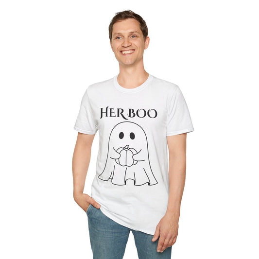 Her Boo Halloween Shirt with Ghost – Matching Couples Tee | Spooky Season Apparel – Light Blue T-Shirt for Anniversary Gift (2 view)