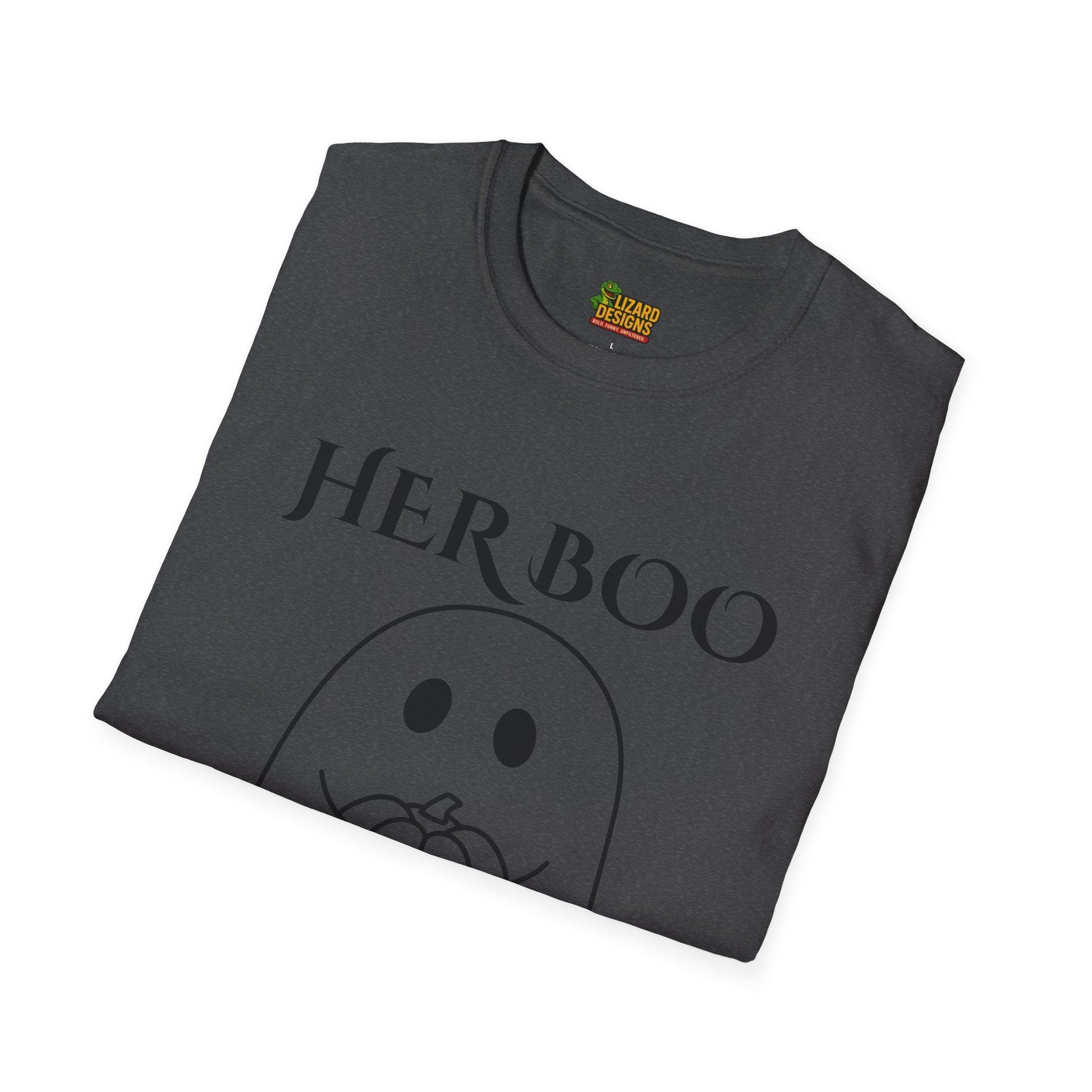 Her Boo Halloween Shirt with Ghost – Matching Couples Tee | Spooky Season Apparel – Heather Navy T-Shirt for Anniversary Gift (22 view)