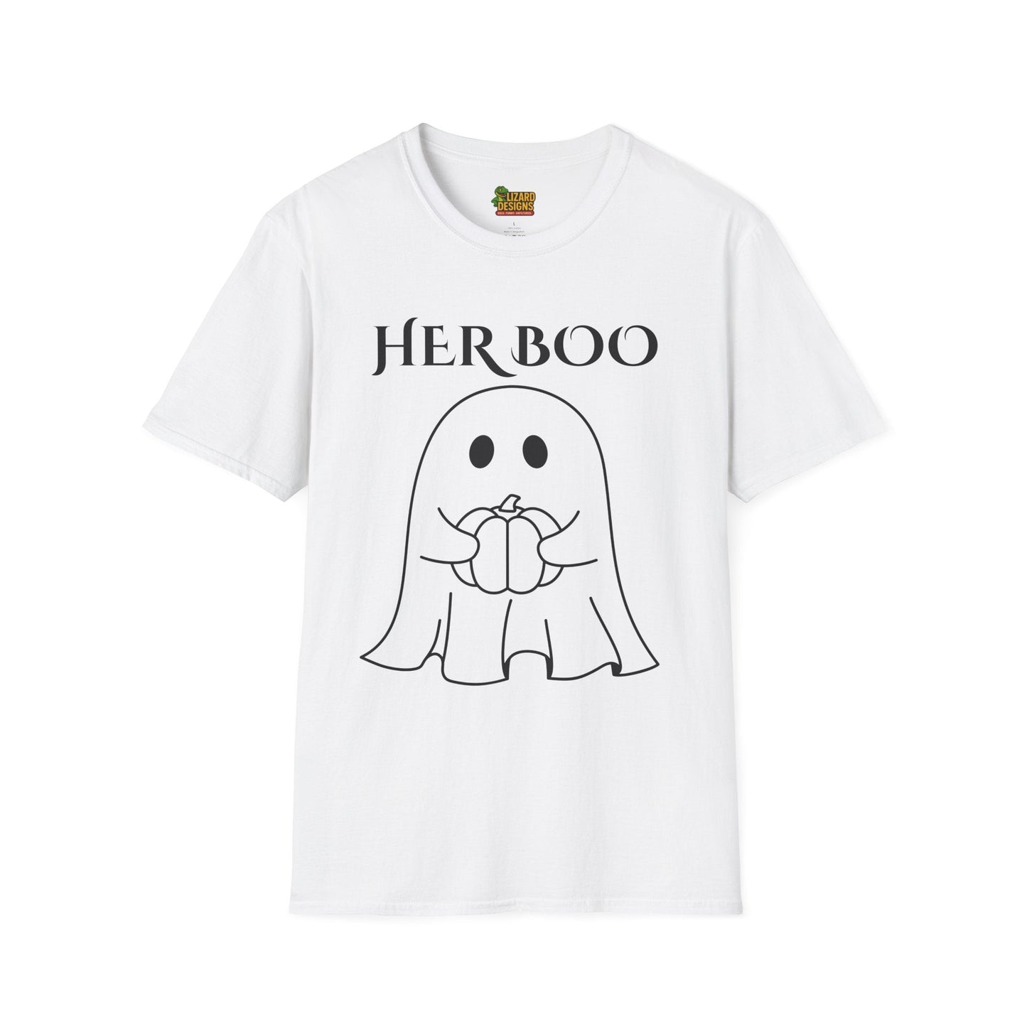 Her Boo Halloween Shirt with Ghost – Matching Couples Tee | Spooky Season Apparel – White T-Shirt for Anniversary Gift (3 view)