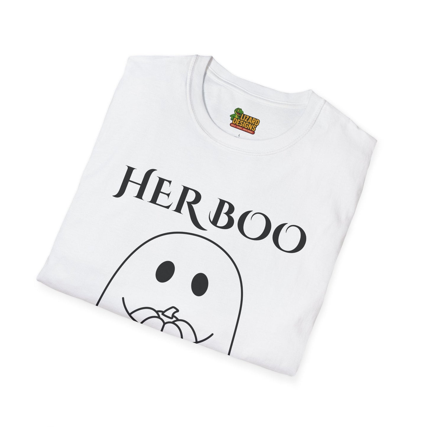 Her Boo Halloween Shirt with Ghost – Matching Couples Tee | Spooky Season Apparel – White T-Shirt for Anniversary Gift (4 view)