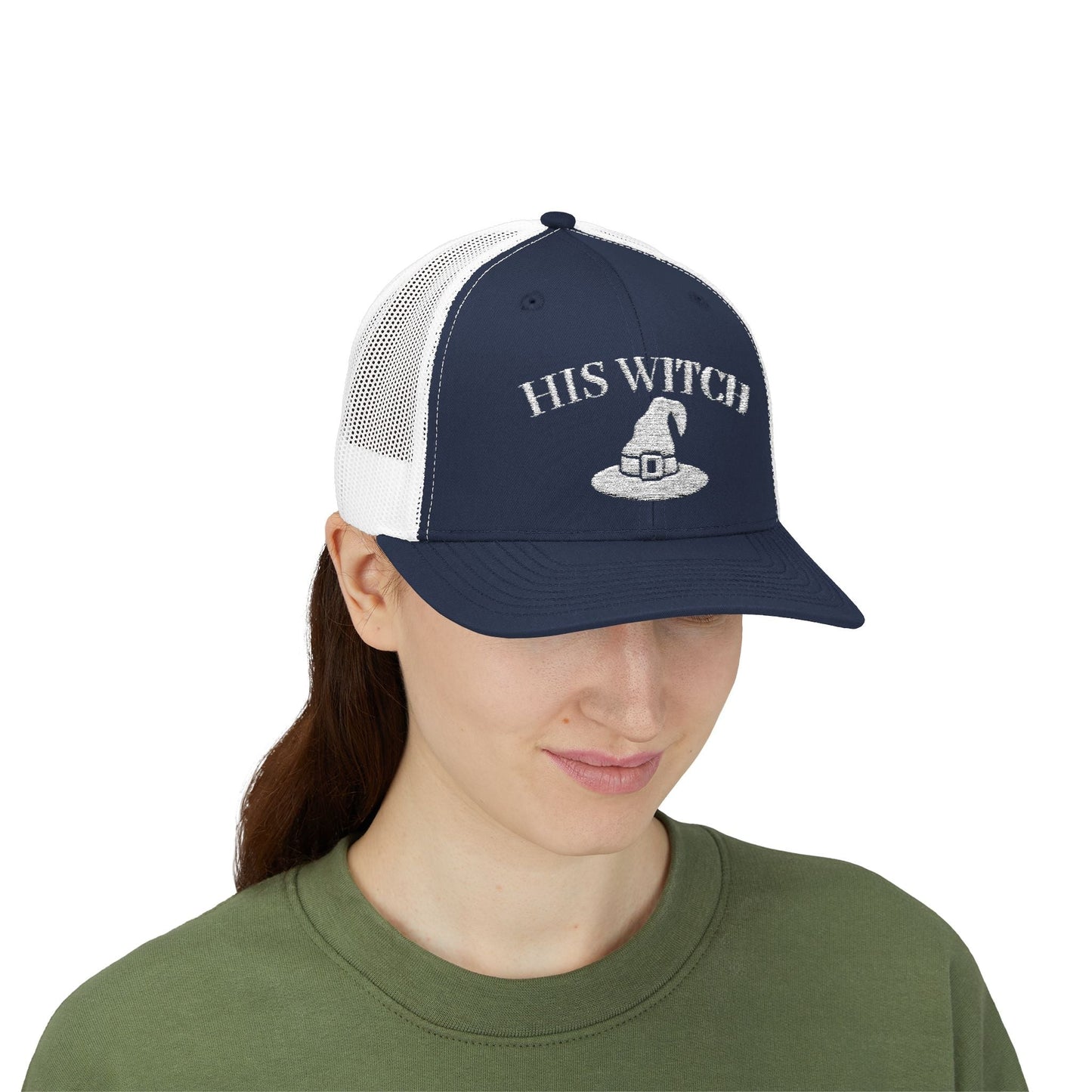 His Witch Halloween Hat – Embroidered Trucker Cap | Couples Matching Outfit – Navy / White Hats for Casual Fashion (47 view)