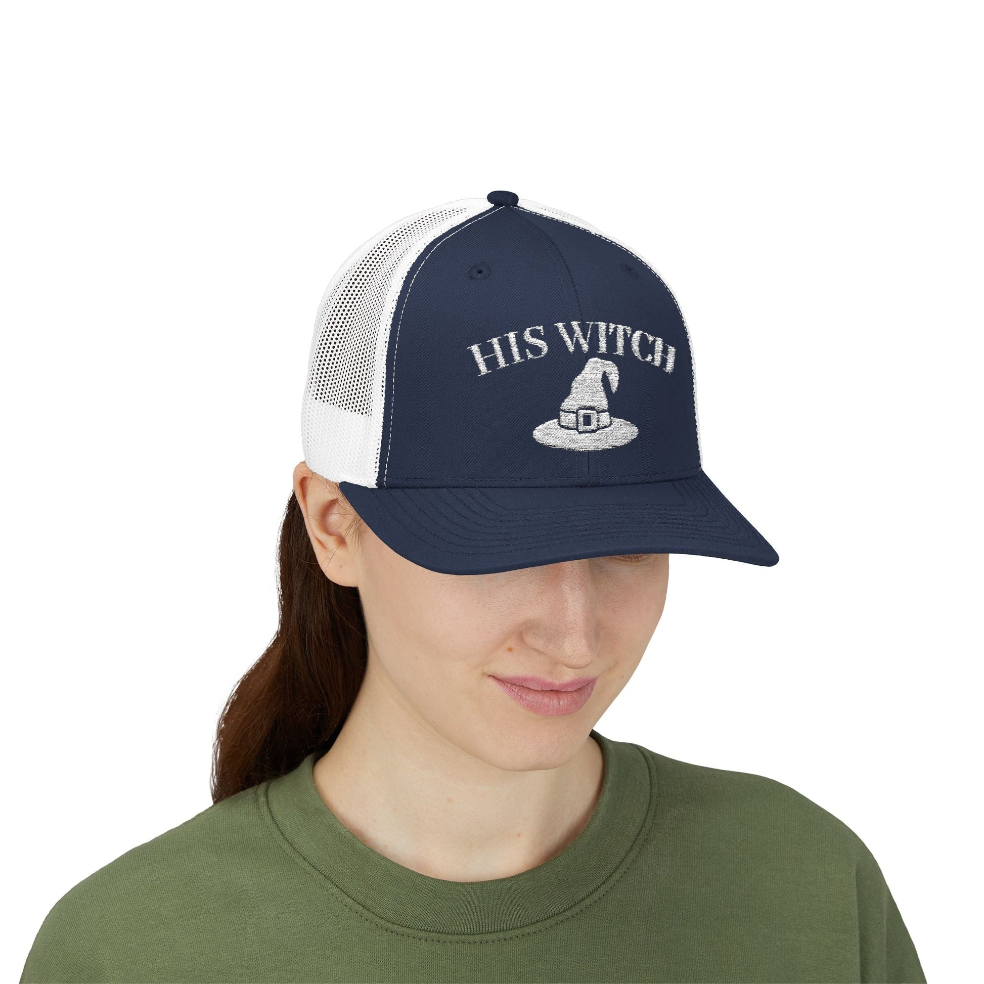 His Witch Halloween Hat – Embroidered Trucker Cap | Couples Matching Outfit – Navy / White Hats for Casual Fashion (47 view)