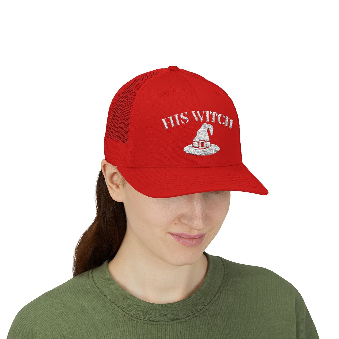 His Witch Halloween Hat – Embroidered Trucker Cap | Couples Matching Outfit – Red Hats for Casual Fashion (5 view)