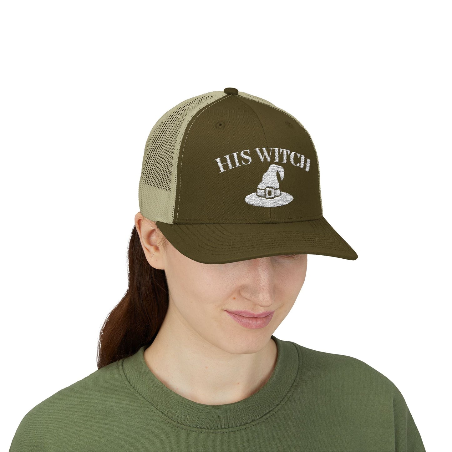 His Witch Halloween Hat – Embroidered Trucker Cap | Couples Matching Outfit – Moss / Khaki Hats for Casual Fashion (29 view)