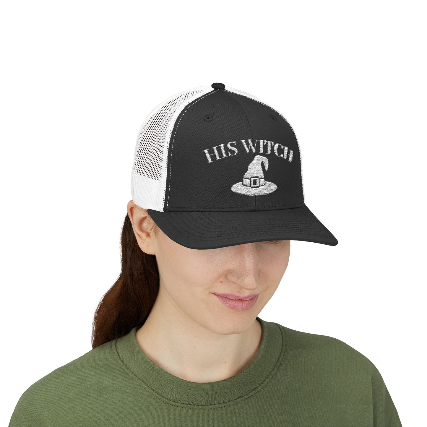 His Witch Halloween Hat – Embroidered Trucker Cap | Couples Matching Outfit – Black / White Hats for Casual Fashion (14 view)