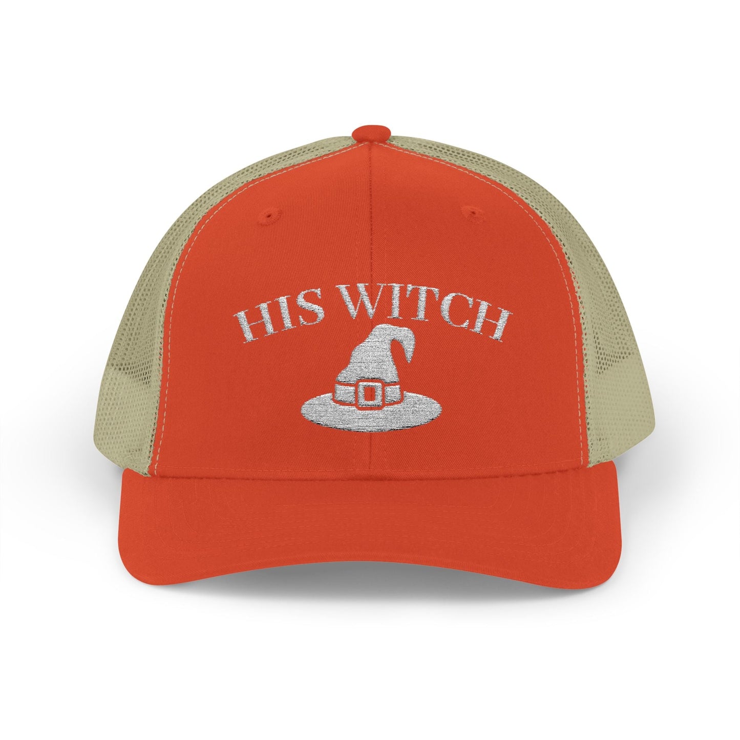 His Witch Halloween Hat – Embroidered Trucker Cap | Couples Matching Outfit – Rustic Orange / Khaki Hats for Casual Fashion (1 view)