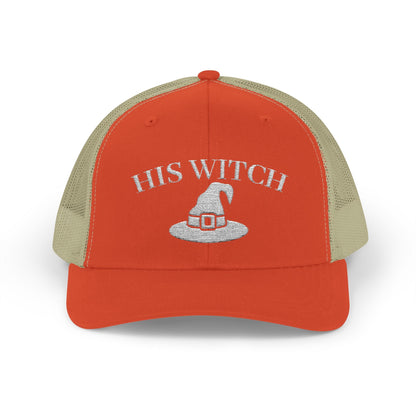 His Witch Halloween Hat – Embroidered Trucker Cap | Couples Matching Outfit – Rustic Orange / Khaki Hats for Casual Fashion (1 view)