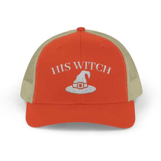His Witch Halloween Hat – Embroidered Trucker Cap | Couples Matching Outfit – Rustic Orange / Khaki Hats for Casual Fashion (1 view)