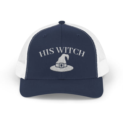 His Witch Halloween Hat – Embroidered Trucker Cap | Couples Matching Outfit – Navy / White Hats for Casual Fashion (46 view)