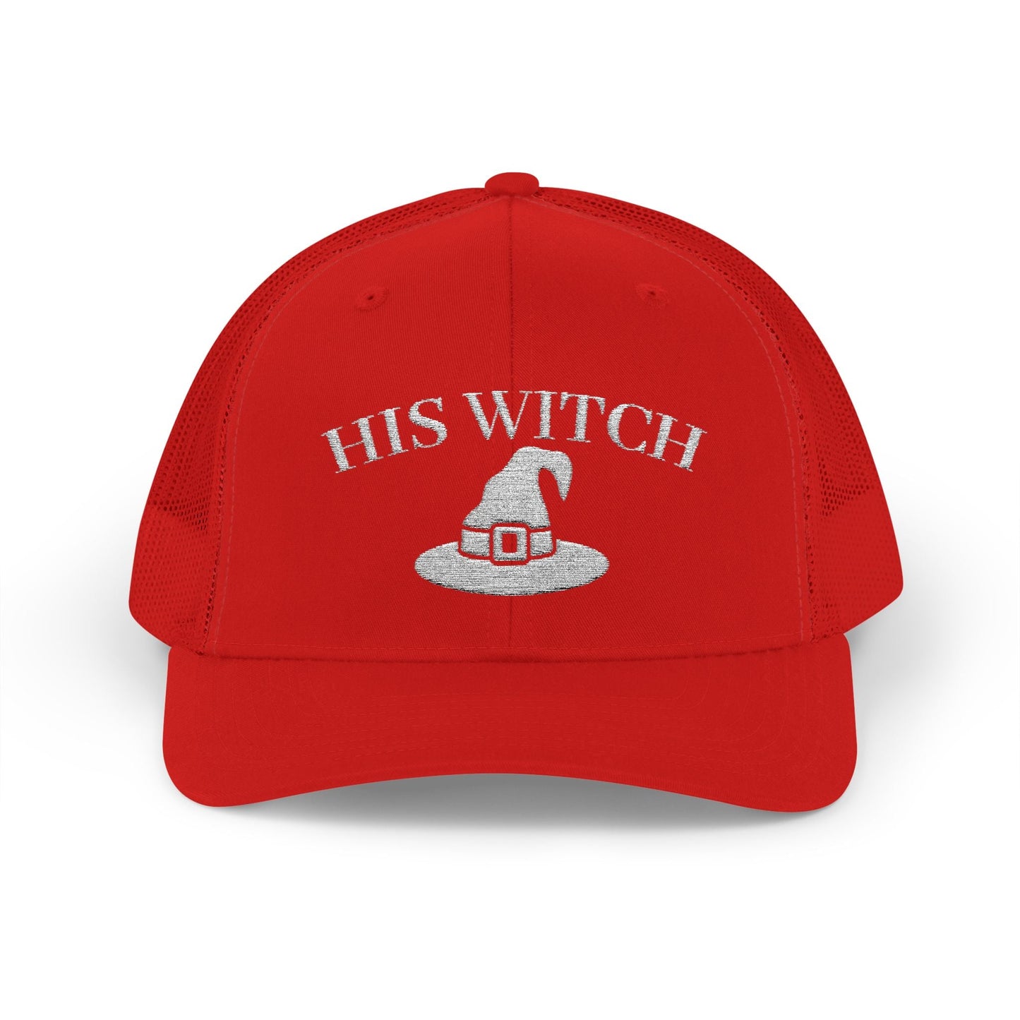 His Witch Halloween Hat – Embroidered Trucker Cap | Couples Matching Outfit – Red Hats for Casual Fashion (4 view)