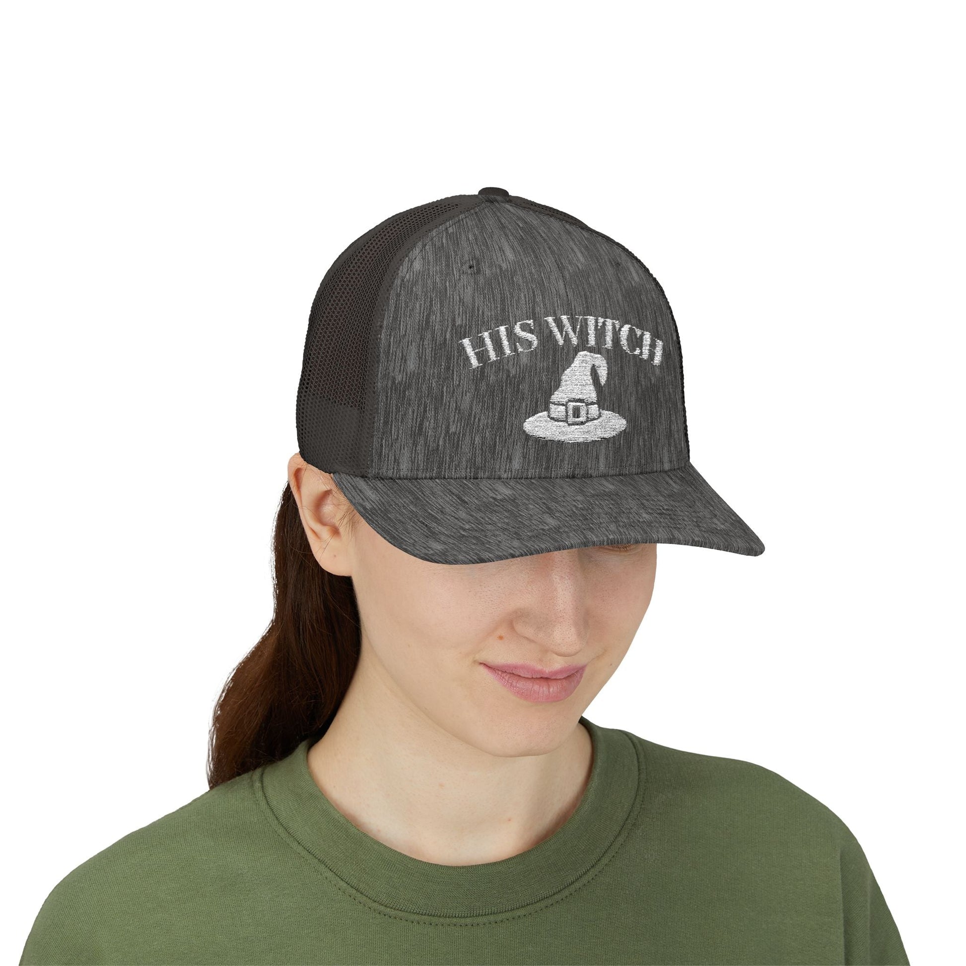 His Witch Halloween Hat – Embroidered Trucker Cap | Couples Matching Outfit – Dark Heather Grey Hats for Casual Fashion (26 view)