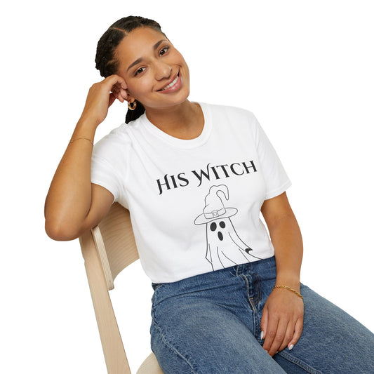 His Witch Halloween Shirt with Ghost – Matching Couples Tee | Spooky Season Apparel – Light Blue T-Shirt for Anniversary Gift (1 view)