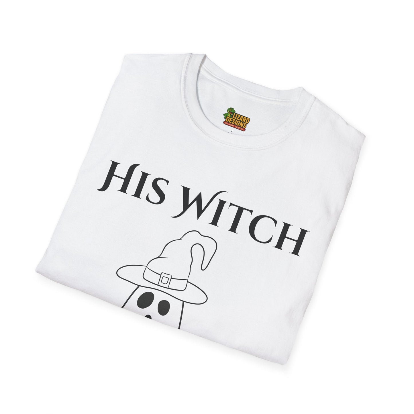 His Witch Halloween Shirt with Ghost – Matching Couples Tee | Spooky Season Apparel – White T-Shirt for Anniversary Gift (4 view)