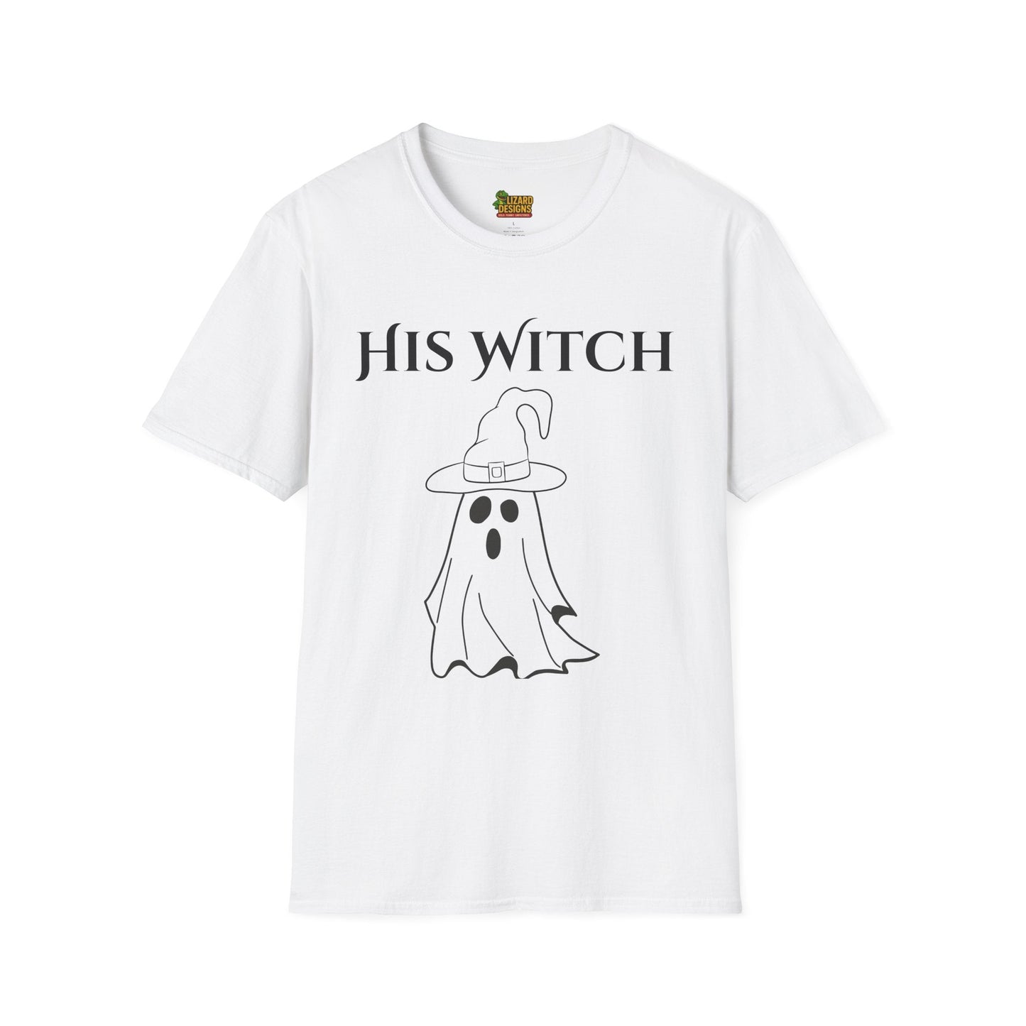 His Witch Halloween Shirt with Ghost – Matching Couples Tee | Spooky Season Apparel – White T-Shirt for Anniversary Gift (3 view)