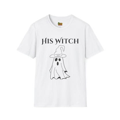 His Witch Halloween Shirt with Ghost – Matching Couples Tee | Spooky Season Apparel – White T-Shirt for Anniversary Gift (3 view)