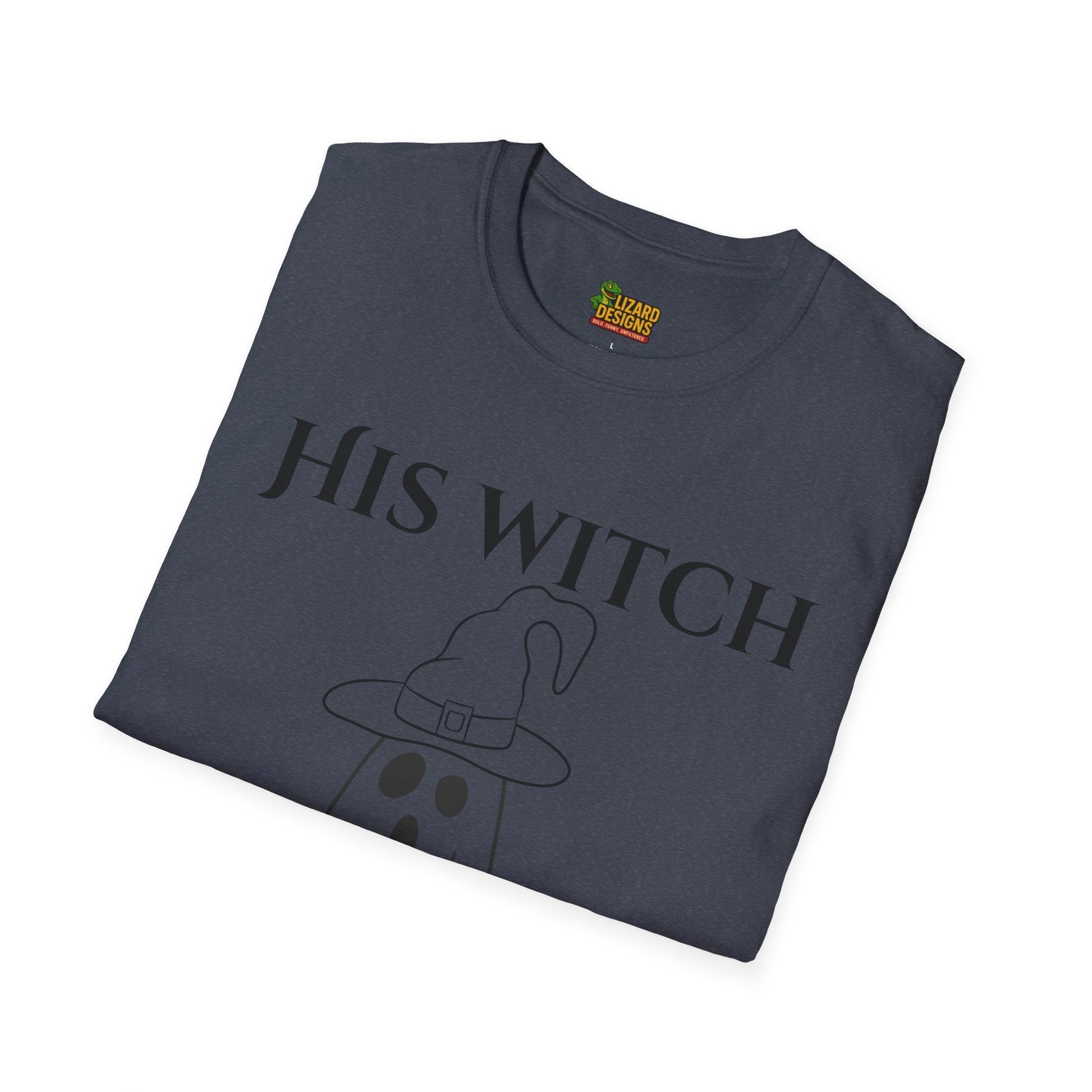 His Witch Halloween Shirt with Ghost – Matching Couples Tee | Spooky Season Apparel – Heather Navy T-Shirt for Anniversary Gift (34 view)