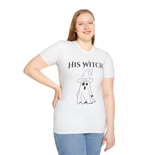 His Witch Halloween Shirt with Ghost – Matching Couples Tee | Spooky Season Apparel – Light Blue T-Shirt for Anniversary Gift (2 view)