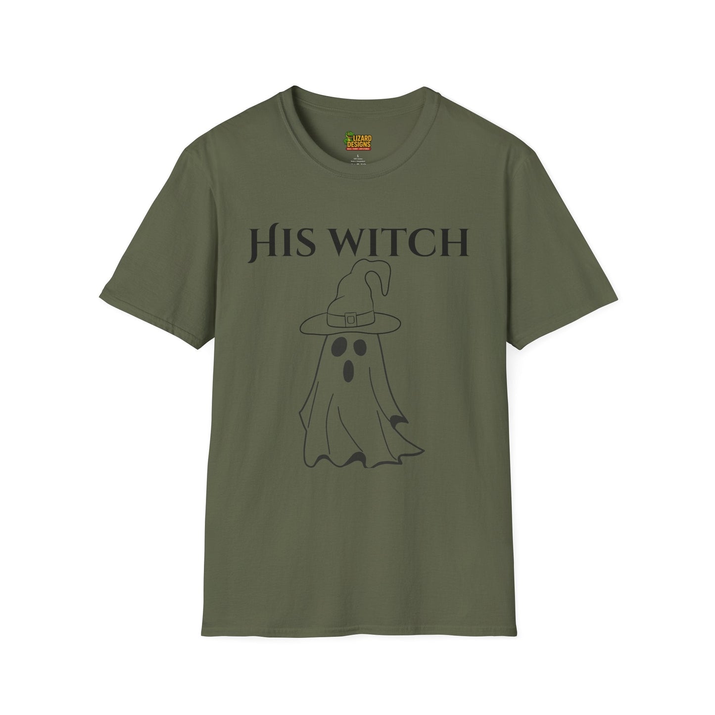 His Witch Halloween Shirt with Ghost – Matching Couples Tee | Spooky Season Apparel – Military Green T-Shirt for Anniversary Gift (9 view)