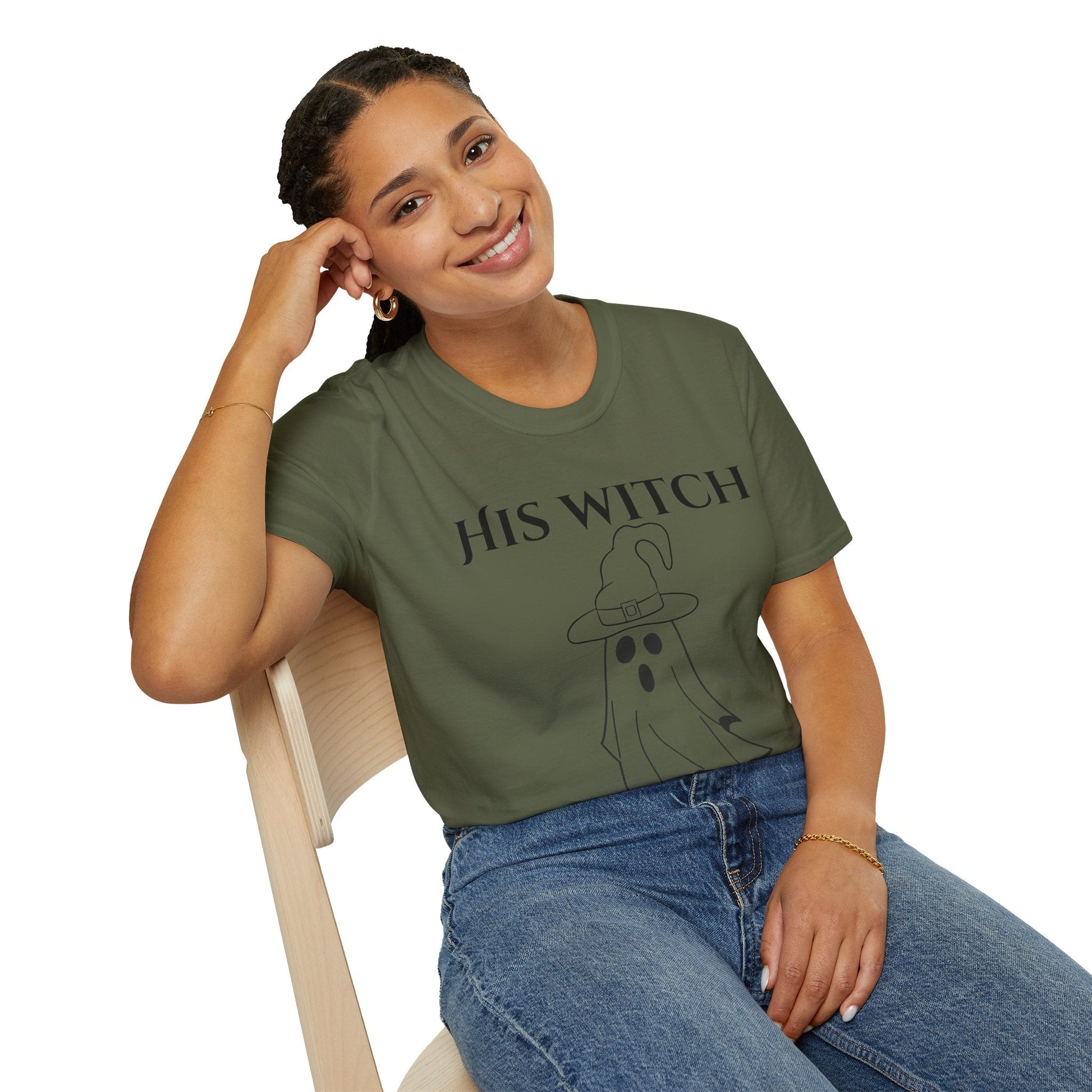 His Witch Halloween Shirt with Ghost – Matching Couples Tee | Spooky Season Apparel – White T-Shirt for Anniversary Gift (7 view)