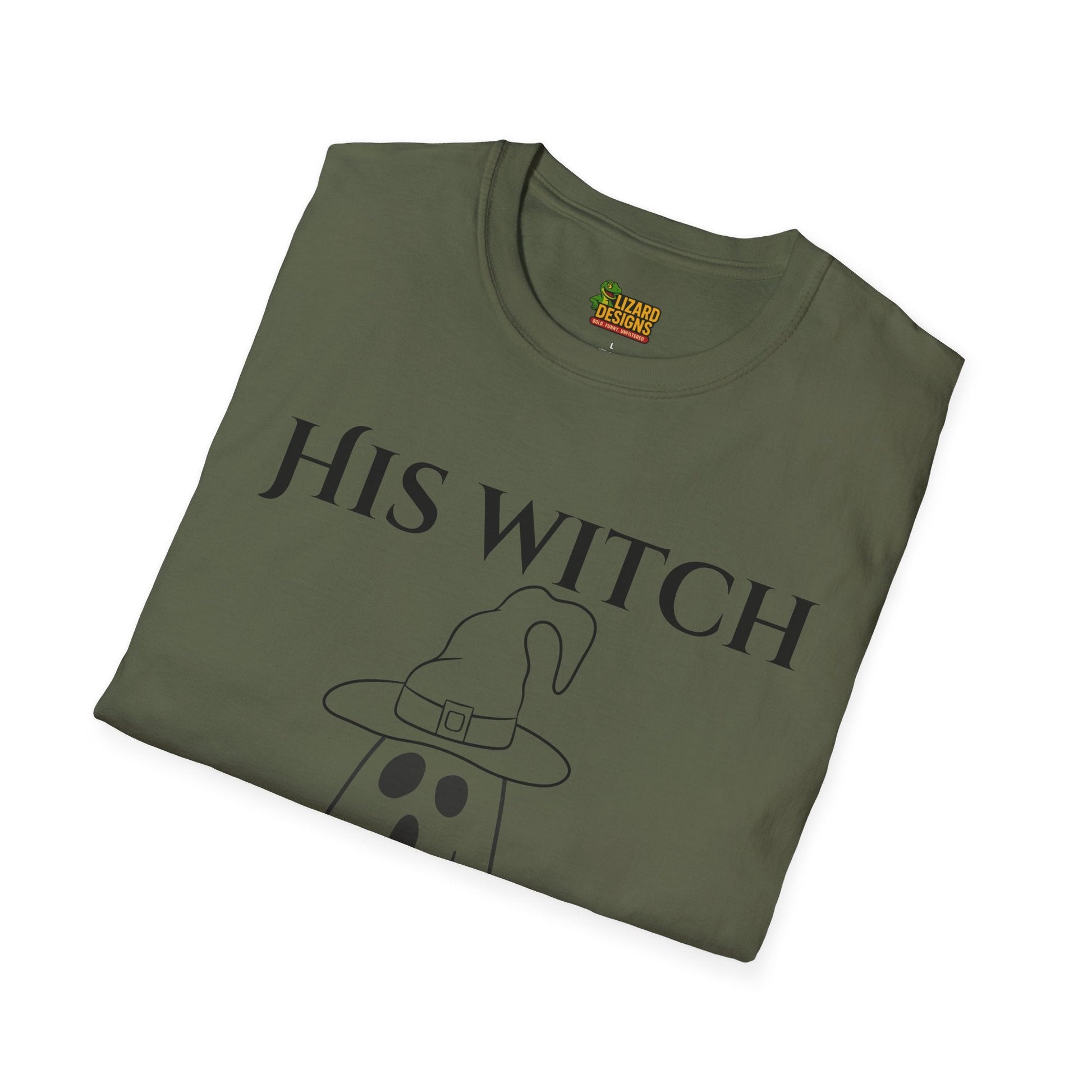 His Witch Halloween Shirt with Ghost – Matching Couples Tee | Spooky Season Apparel – Military Green T-Shirt for Anniversary Gift (10 view)