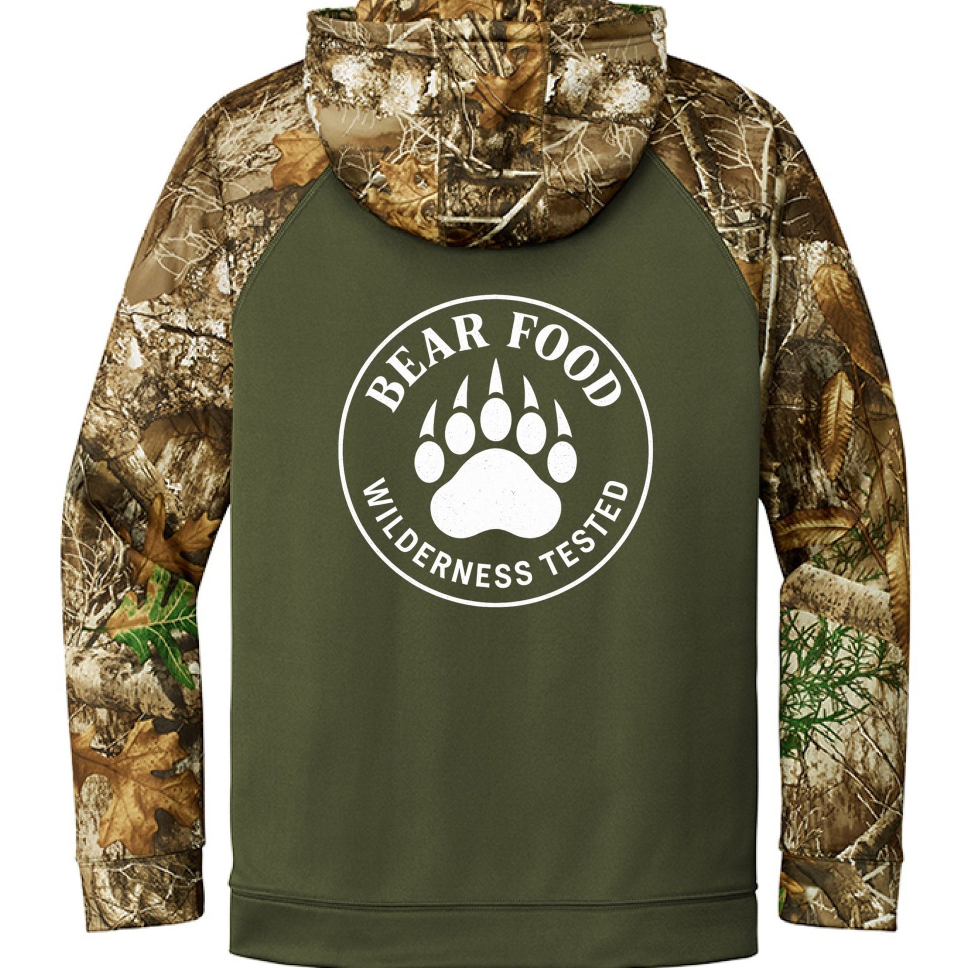Hunt Fish Chill Bear Food Hoodie – Realtree® Camo Performance Zip - Up | Outdoor Fishing & Hunting Hoodie – Olive Drab Green/ Realtree Edge Hoodie for angler lifestyle clothing (2 view)