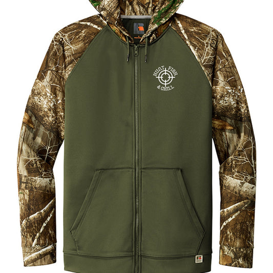 Hunt Fish Chill Bear Food Hoodie – Realtree® Camo Performance Zip - Up | Outdoor Fishing & Hunting Hoodie – Olive Drab Green/ Realtree Edge Hoodie for angler lifestyle clothing (1 view)