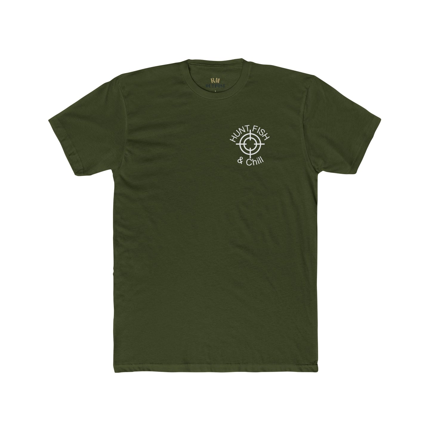 Hunt Fish Chill Bear Food Tee – Wilderness Tested Graphic Shirt White logo | Outdoor Adventure Apparel – Solid Military Green T-Shirt for adventure (7 view)