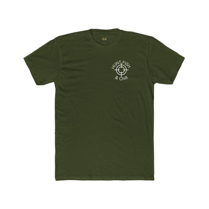 Hunt Fish Chill Bear Food Tee – Wilderness Tested Graphic Shirt White logo | Outdoor Adventure Apparel – Solid Military Green T-Shirt for adventure (7 view)