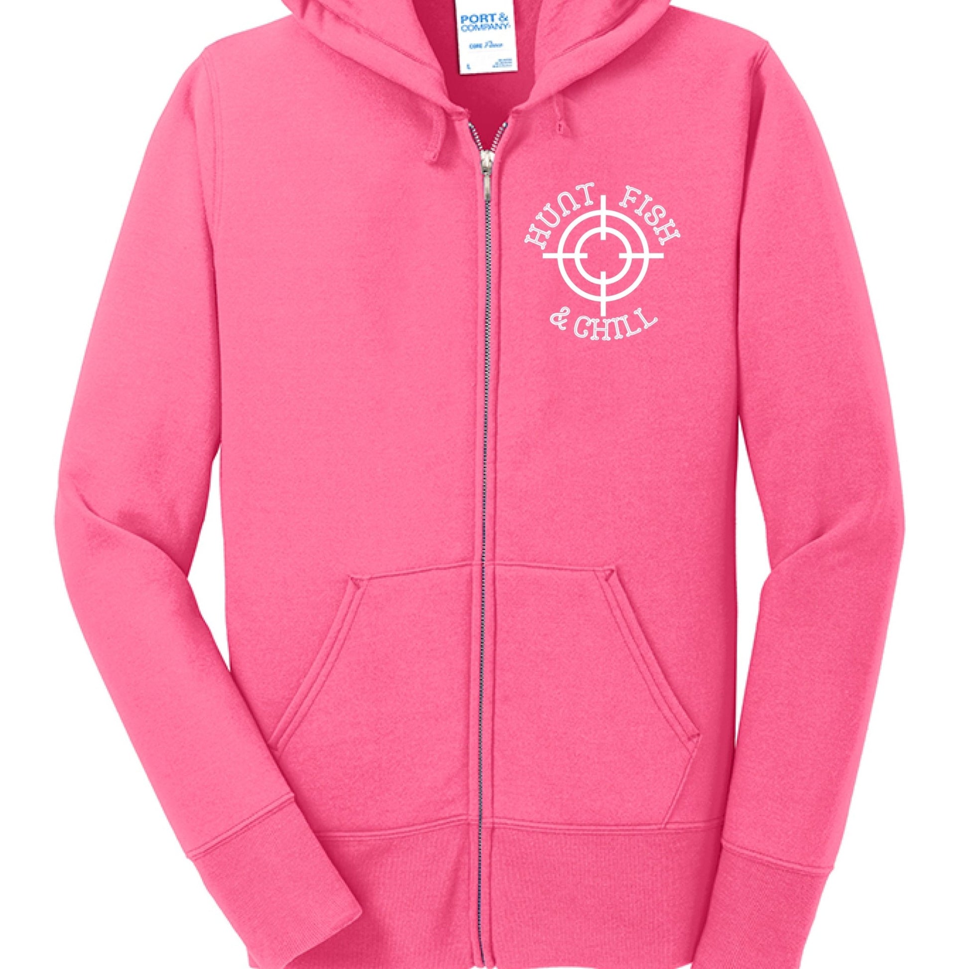 Hunt Fish Chill Ladies Full - Zip Hoodie – Cozy Outdoor Style for Anglers | Women’s Fishing Apparel – Neon Pink Hoodie for angler gifts (3 view)