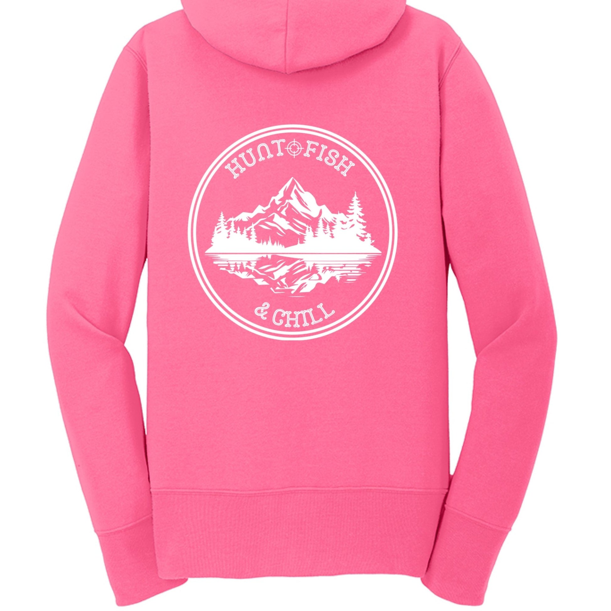 Hunt Fish Chill Ladies Full - Zip Hoodie – Cozy Outdoor Style for Anglers | Women’s Fishing Apparel – Neon Pink Hoodie for angler gifts (4 view)