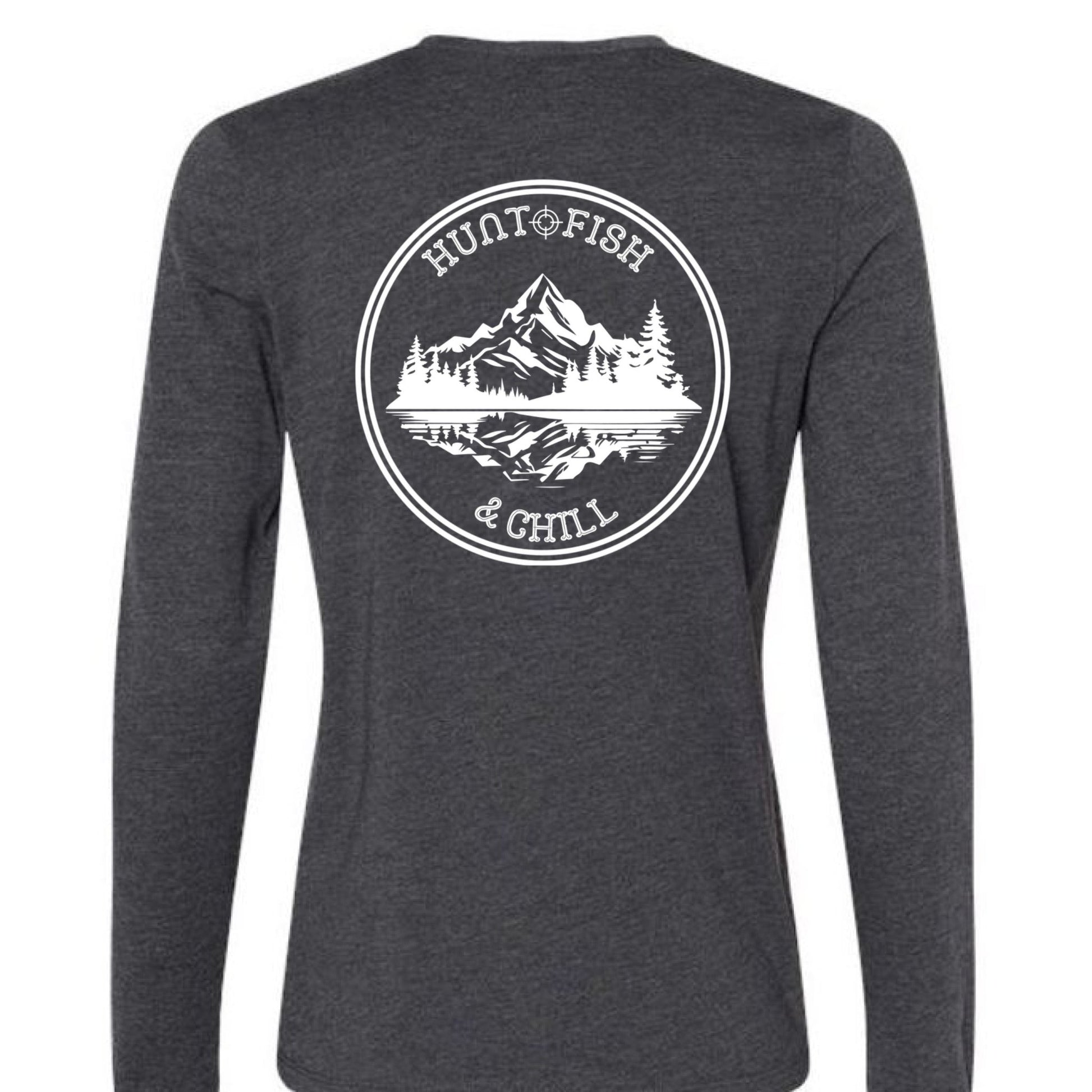 Hunt Fish Chill Ladies Long Sleeve Tee – Soft Jersey White Graphic | Women’s Fishing & Hunting Apparel – Dark Grey Heather T-Shirt for Apparel (7 view)