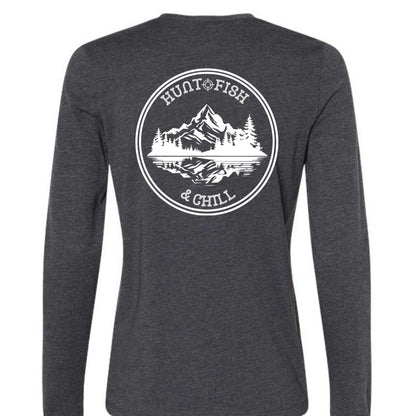 Hunt Fish Chill Ladies Long Sleeve Tee – Soft Jersey White Graphic | Women’s Fishing & Hunting Apparel – Dark Grey Heather T-Shirt for Apparel (7 view)