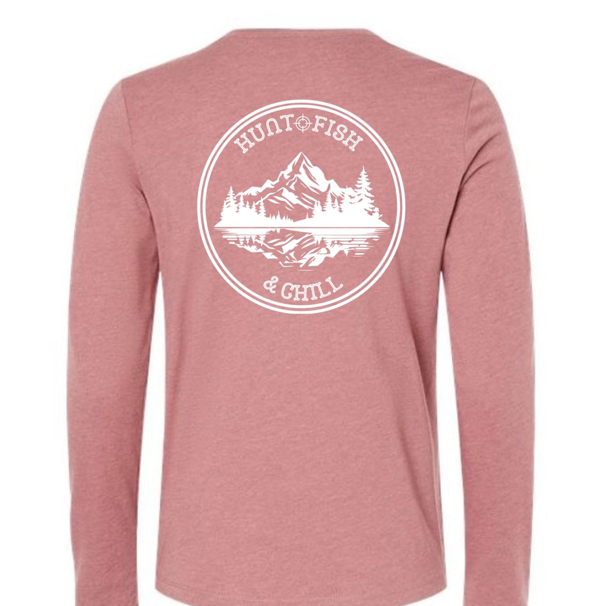 Hunt Fish Chill Ladies Long Sleeve Tee – Soft Jersey White Graphic | Women’s Fishing & Hunting Apparel – Heather Mauve T-Shirt for Apparel (3 view)