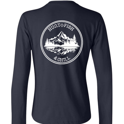 Hunt Fish Chill Ladies Long Sleeve Tee – Soft Jersey White Graphic | Women’s Fishing & Hunting Apparel – NAVY T-Shirt for Apparel (1 view)