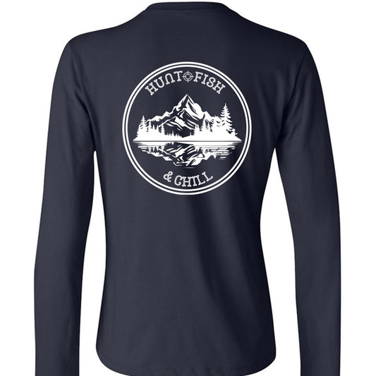 Hunt Fish Chill Ladies Long Sleeve Tee – Soft Jersey White Graphic | Women’s Fishing & Hunting Apparel – NAVY T-Shirt for Apparel (1 view)