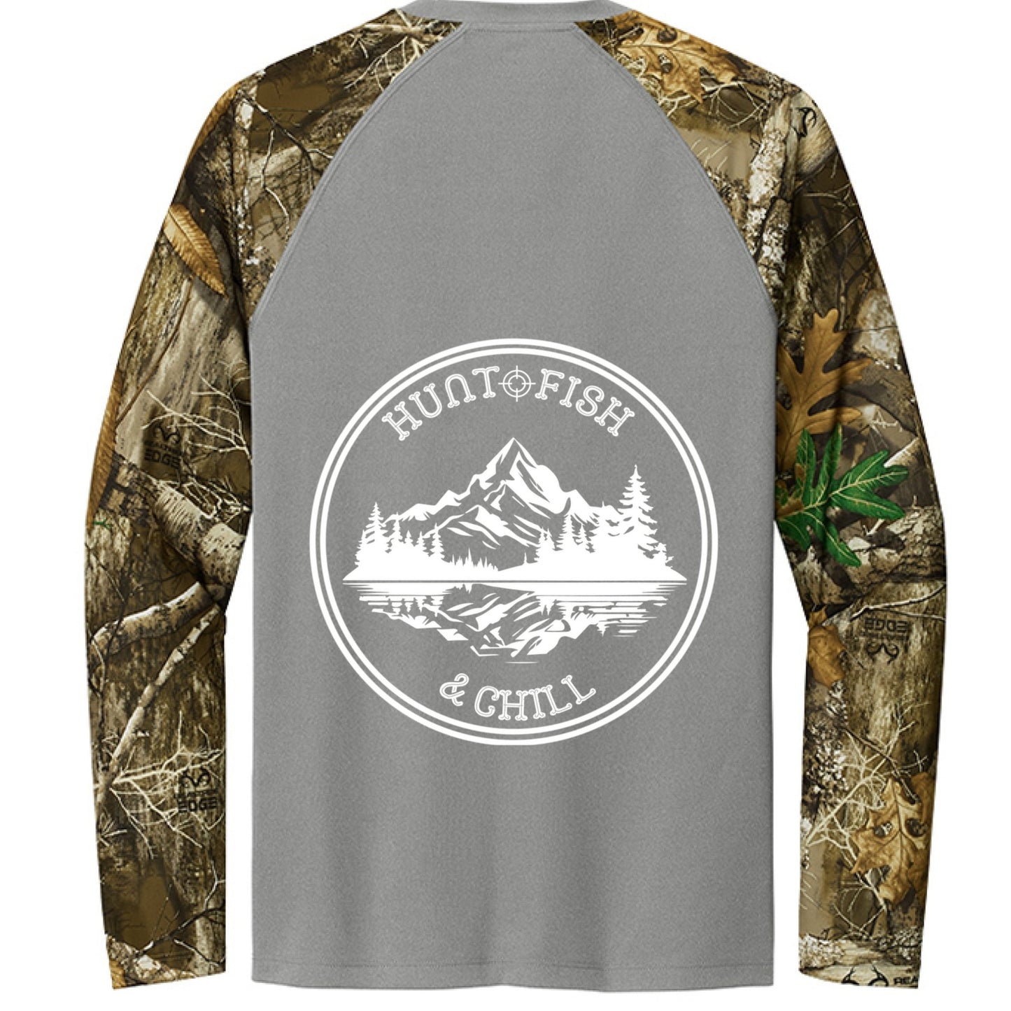 Hunt Fish Chill Long Sleeve Shirt – Realtree® Camo Performance Tee | Outdoor Fishing & Hunting Apparel – Grey Concrete Heather/ Realtree Edge Top for angler lifestyle clothing (4 view)