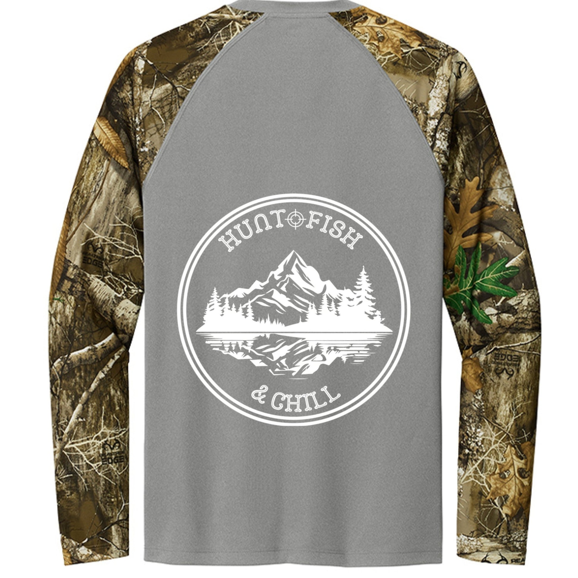 Hunt Fish Chill Long Sleeve Shirt – Realtree® Camo Performance Tee | Outdoor Fishing & Hunting Apparel – Grey Concrete Heather/ Realtree Edge Top for angler lifestyle clothing (4 view)
