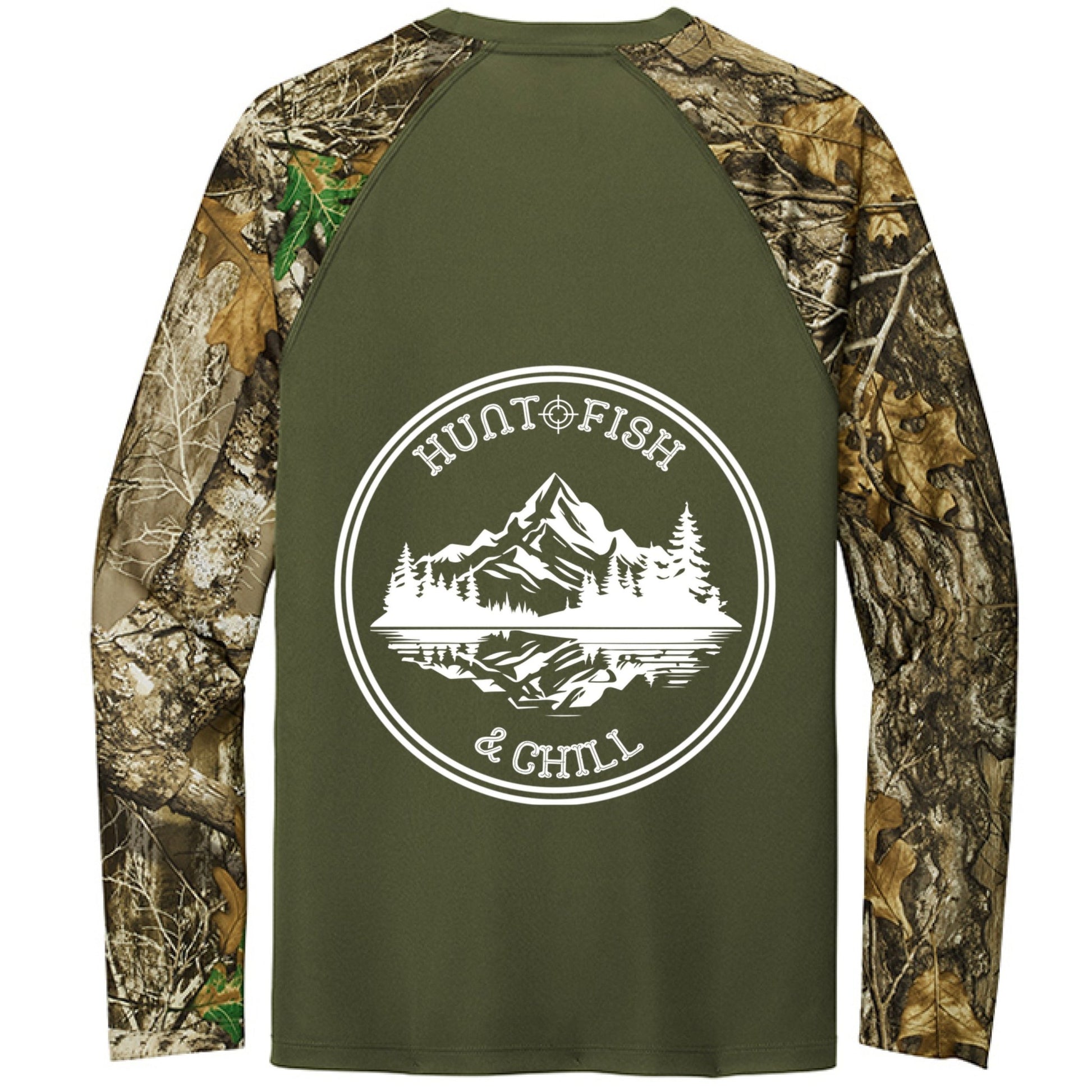 Hunt Fish Chill Long Sleeve Shirt – Realtree® Camo Performance Tee | Outdoor Fishing & Hunting Apparel – Olive Drab Green/ Realtree Edge Top for angler lifestyle clothing (2 view)