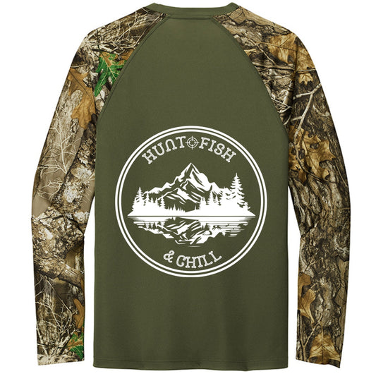 Hunt Fish Chill Long Sleeve Shirt – Realtree® Camo Performance Tee | Outdoor Fishing & Hunting Apparel – Olive Drab Green/ Realtree Edge Top for angler lifestyle clothing (2 view)