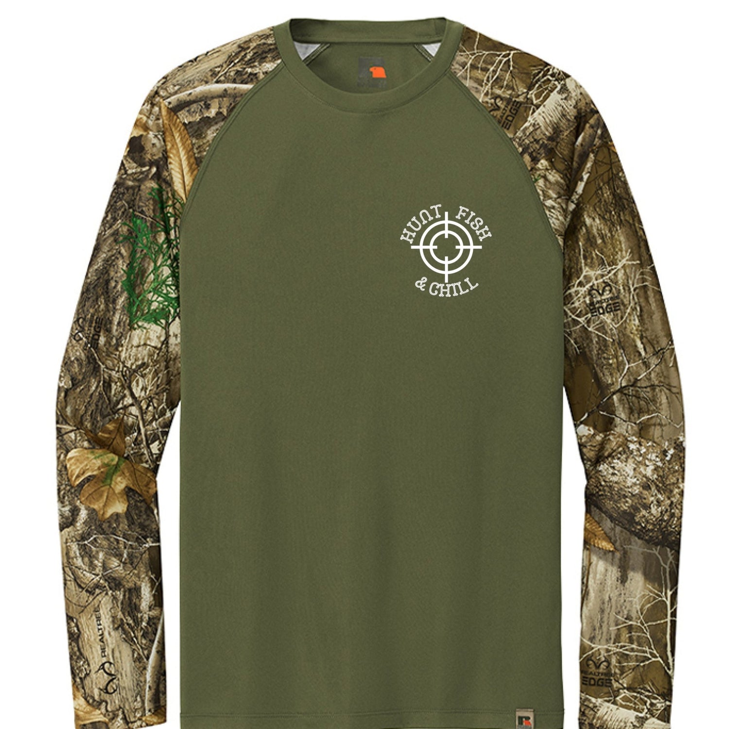 Hunt Fish Chill Long Sleeve Shirt – Realtree® Camo Performance Tee | Outdoor Fishing & Hunting Apparel – Olive Drab Green/ Realtree Edge Top for angler lifestyle clothing (1 view)