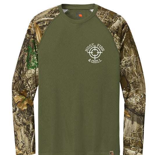 Hunt Fish Chill Long Sleeve Shirt – Realtree® Camo Performance Tee | Outdoor Fishing & Hunting Apparel – Olive Drab Green/ Realtree Edge Top for angler lifestyle clothing (1 view)