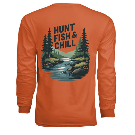 Hunt Fish & Chill – Long - Sleeve Tee | Soft Garment - Dyed Fishing & Hunting Shirt – ORANGE T-Shirt for Apparel (2 view)