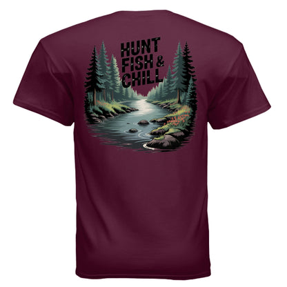 Hunt Fish & Chill – Relaxed Outdoorsman Graphic Tee | Fishing & Hunting Lifestyle Shirt – MAROON T-Shirt for Apparel (26 view)