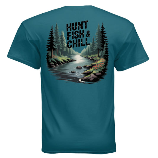 Hunt Fish & Chill – Relaxed Outdoorsman Graphic Tee | Fishing & Hunting Lifestyle Shirt – GALAPAGOS BLUE T-Shirt for Apparel (2 view)