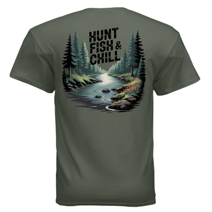Hunt Fish & Chill – Relaxed Outdoorsman Graphic Tee | Fishing & Hunting Lifestyle Shirt – MILITARY GREEN T-Shirt for Apparel (23 view)